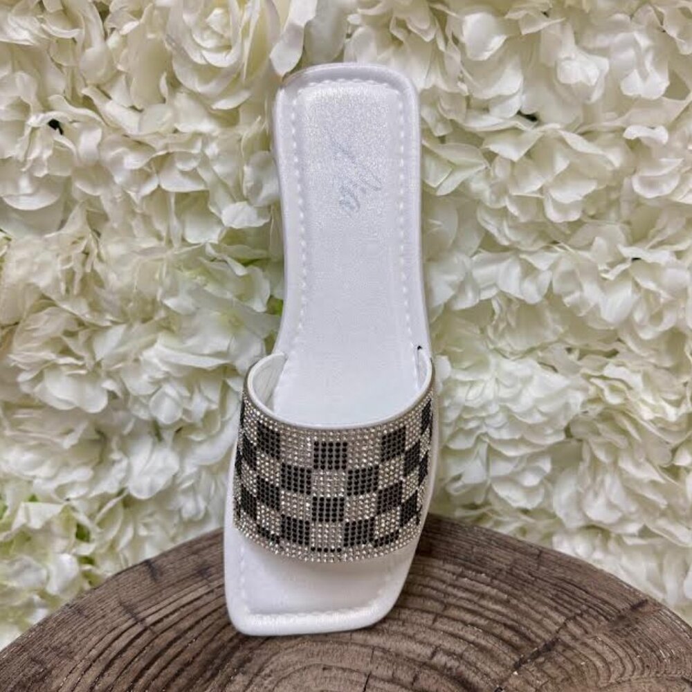 White Sandal with Checkered Pattern with Silver and Black Gems